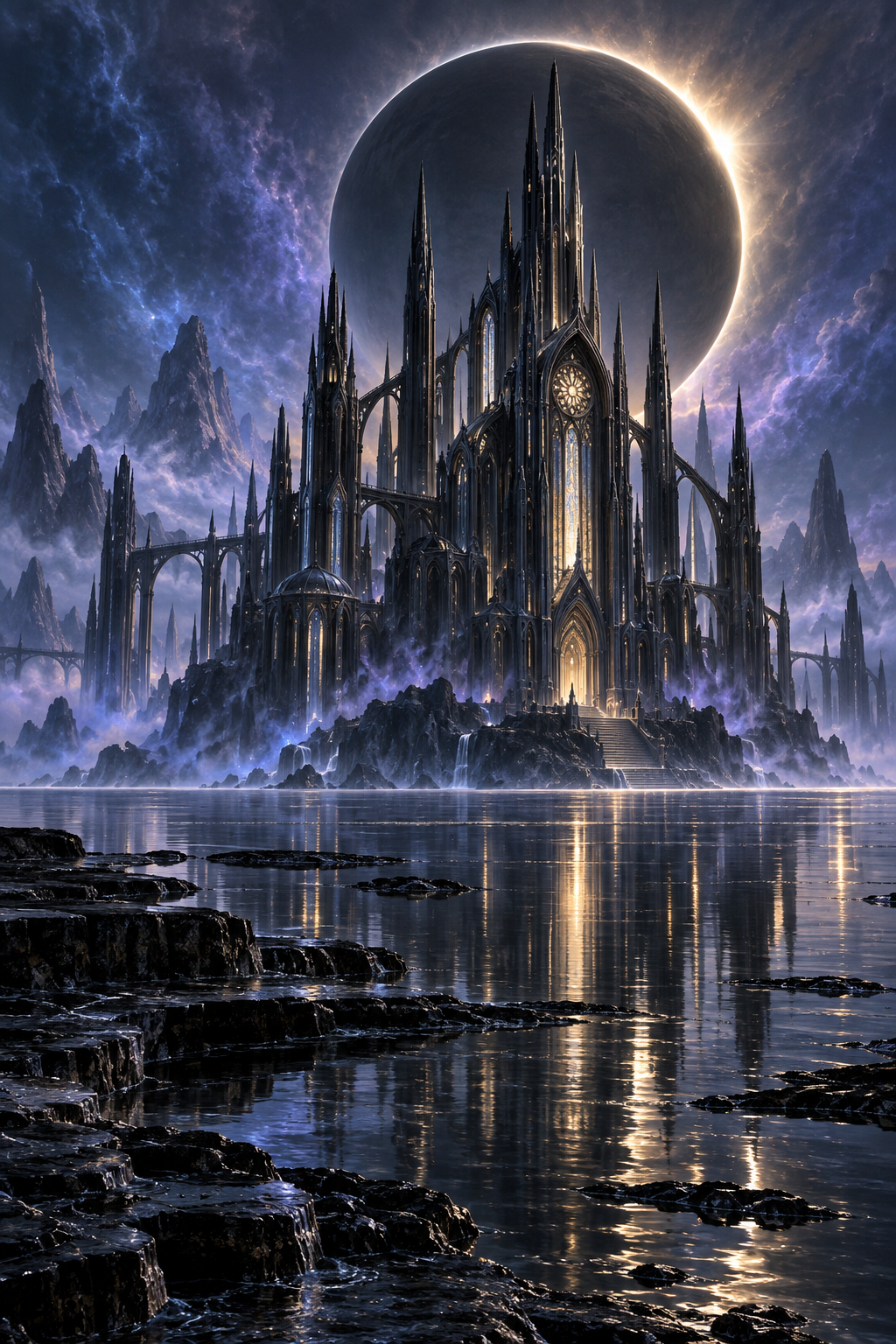 Eclipse Sanctuary — a gothic sanctuary beside reflective water beneath a huge eclipsed moon, from the Cathedrals of Tomorrow digital art collection